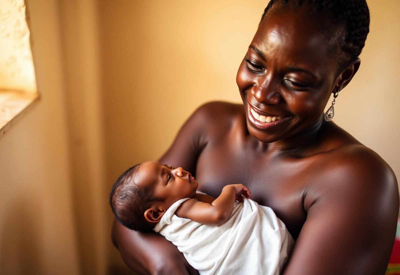 A mother nursesighting her newborn in warm morning light